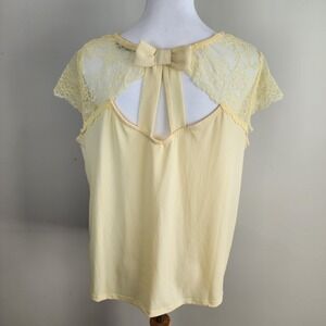 Suzy Sheer Lace Top Womens Large Yellow Pastel Bow Feminine Cute Kidcore Shirt
